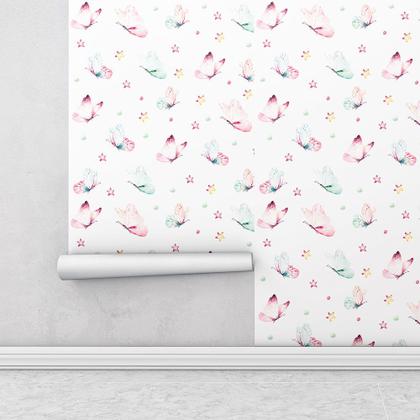Imagem de Papel de parede Para Quarto Infantil Com Borboletas em Tons aquarela de Rosa E Azul 1 Metro