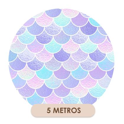 Imagem de Papel de Parede Vinílico Autoadesivo Lavável Escamas de Peixe Lilás Roxo Turquesa Sereia Fundo do Mar Menina Decoração Quarto Infantil