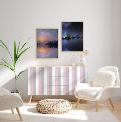 Imagem de Papel de Parede Vinílico Autoadesivo Lavável Listrado Listra Vertical Rosa Branco Cinza Decoração Quarto Infantil Bebê Maternidade