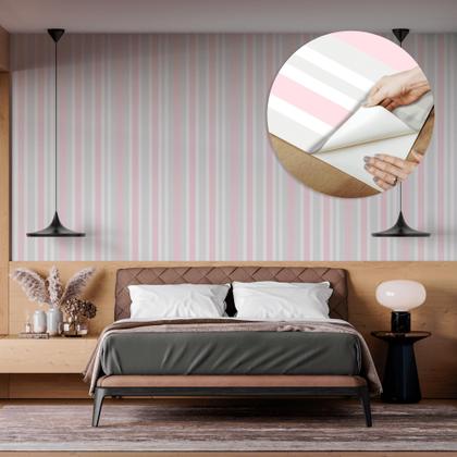 Imagem de Papel de Parede Vinílico Listras Rosa Cinza Quarto Menina 1.5m