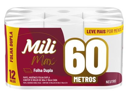 Imagem de Papel Higiênico Folha Dupla Mili 12 Rolos com 60 Metros Max Neutro / Super Macio - Pacote com 720 Metros