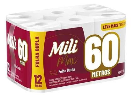 Imagem de Papel Higiênico Folha Dupla Mili 12 Rolos com 60 Metros Max Neutro / Super Macio - Pacote com 720 Metros