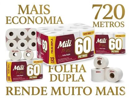 Imagem de Papel Higiênico Folha Dupla Mili 12 Rolos com 60 Metros Max Neutro / Super Macio - Pacote com 720 Metros