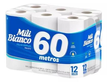 Imagem de Papel Higiênico Mili Bianco Folha Simples 60m Pct Com 12 Rolos