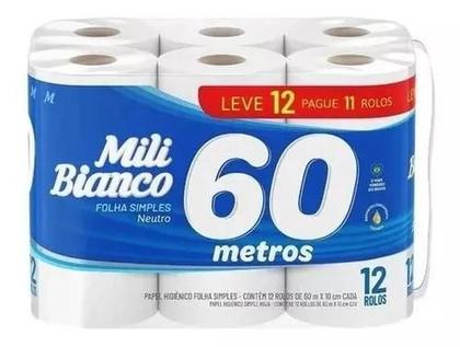Imagem de Papel Higiênico Mili Bianco Folha Simples 60m Pct Com 12 Rolos
