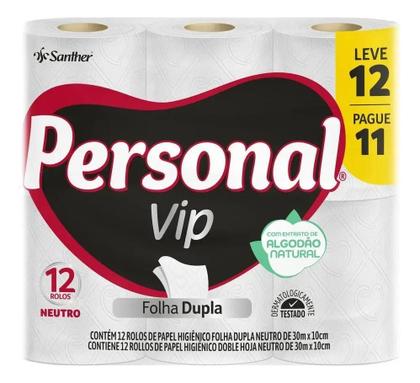 Imagem de Papel Higiênico Personal Vip Folha Dupla 12 Rolos 30m Maciez Com Extrato De Algodão Natural