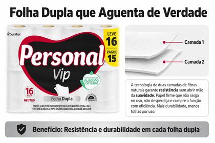 Imagem de Papel Higiênico Personal Vip Folha Dupla 16 Rolos 30m com Extrato de Algodão Natural Leve 16 Pague 15
