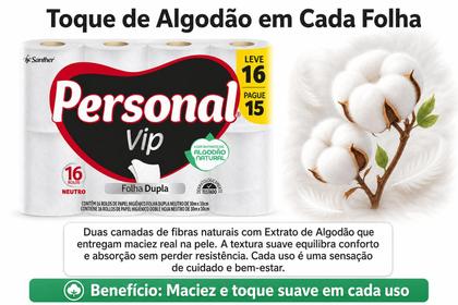 Imagem de Papel Higiênico Personal Vip Folha Dupla 16 Rolos 30m com Extrato de Algodão Natural Leve 16 Pague 15