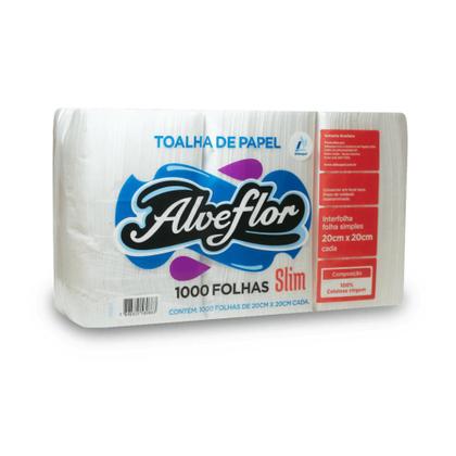 Imagem de Papel Interfolha 100% Celulose Alveflor Slim - 2 Dobras, 20x20cm, 1.000 Folhas - Alta Absorção e Resistência para Uso Doméstico e Comercial