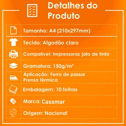 Imagem de Papel Transfer Jato De Tinta A4 Tecidos Claros 150gm² Cassmar 20 Fls