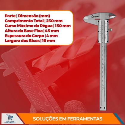 Imagem de Paquímetro Analógico Metálico 150Mm Cortag Aço Carbono Escala Milimétrica E Polegadas Alta Precisão Graduação 0,02Mm Com Trava de Ajuste