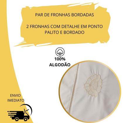 Imagem de Par (2) Fronhas Bordadas Crivo 100% Algodão Percal 200 Fios