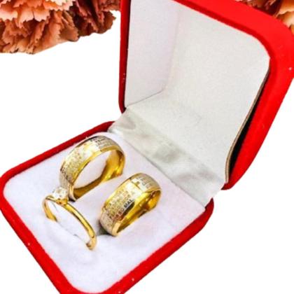 Imagem de Par Alianças Oracao Reza Pai Nosso Ouro 18k 6mm + Anel Solitário 2mm Zirconia Branca Luxo