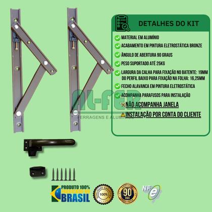 Imagem de Par de Braço para Janela Maxim Ar de 25cm Bronze + Fecho Alavanca