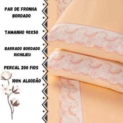 Imagem de Par de Fronhas 90 X 50 com Barrado Bordado Richilieu 100% Algodão 200 Fios