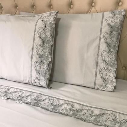 Imagem de Par de Fronhas 90 X 50 com Barrado Bordado Richilieu 100% Algodão 200 Fios