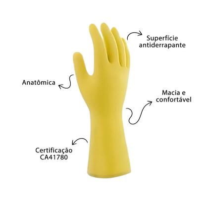 Imagem de Par de Luvas Nobre Látex M p/ Agentes Químicos Resistente e Segura Amarelo