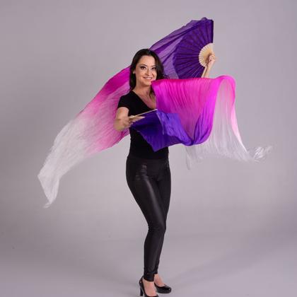 Imagem de Par Fan Véu Leque Degrade Cores Dança do Ventre - Roxo, rosa e branco- VFAN-RRB