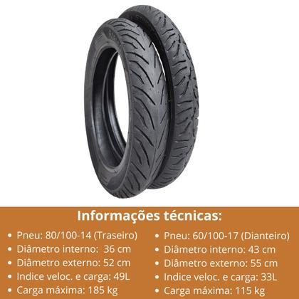 Imagem de Par Pneu Biz 100 125 Pop 100 110 80/100-14 + 60/100-17 Sem Camara