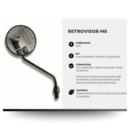 Imagem de Par Retrovisor Redondo Universal para Moto, Scooter e Bicicleta Elétrica Rosca M8 (8mm)