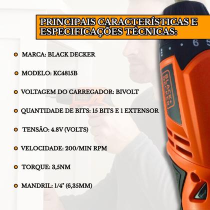 Imagem de Parafusadeira Bateria Black Decker 4.8v + Bits e Carregador Bivolt Portátil Sem Fio Montador Móveis