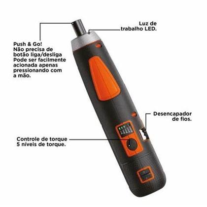 Imagem de Parafusadeira Black+Decker BD40K4LA 4V  Push &amp Go  Bateria USB  C/ Estojo + Bits LED