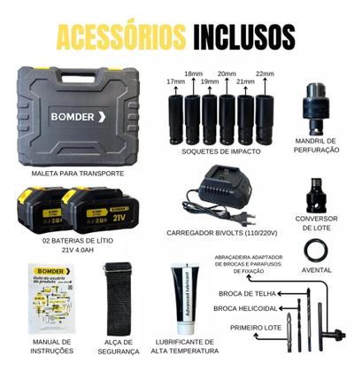 Imagem de Parafusadeira Chave De Impacto e furadeira Sem Fio Com 02 Baterias 21v