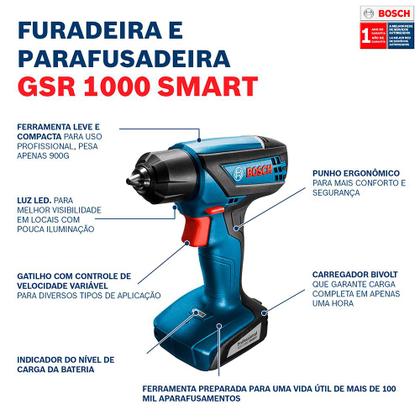 Imagem de Parafusadeira e Furadeira a Bateria Bosch GSR 1000 Smart 12V