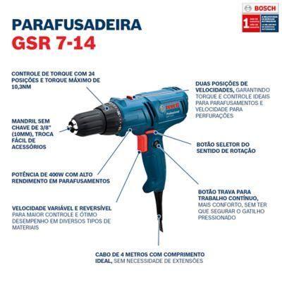 Imagem de Parafusadeira e Furadeira Bosch GSR 7-14 E 400W 127V cabo 4m