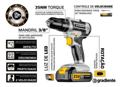 Imagem de Parafusadeira E Furadeira De Impacto 3/8 Gradiente Gpb21vx 2 Baterias 2000 Mah Bivolt