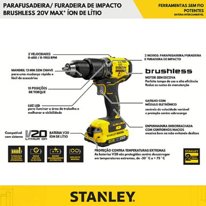 Imagem de Parafusadeira e Furadeira de Impacto Brushless 1/2" 13mm 20 Volts Max Bivolt com 2 Baterias + Maleta - SBD715D2K-BR - STANLEY