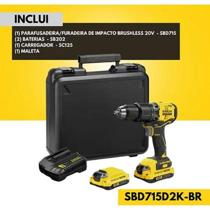 Imagem de Parafusadeira e Furadeira de Impacto Brushless 1/2" 13mm 20 Volts Max Bivolt com 2 Baterias + Maleta - SBD715D2K-BR - STANLEY