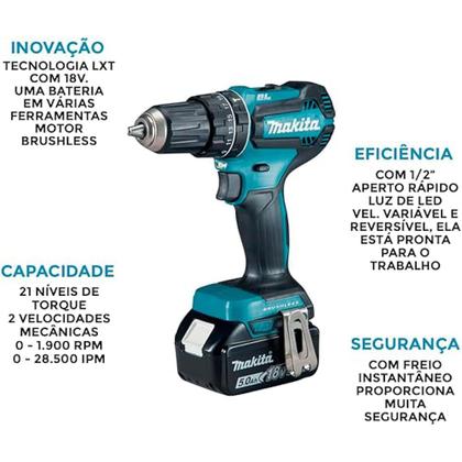 Imagem de Parafusadeira e Furadeira de Impacto com Bateria 18 Volts Bivolt - DHP485RF1J - MAKITA