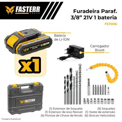 Imagem de Parafusadeira Furadeira 12V Com 1 Bateria, Maleta e 24 Acessórios Fasterr FST006