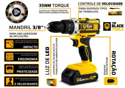 Imagem de Parafusadeira Furadeira 21v Impacto + Maleta E Bateria The Black Tools