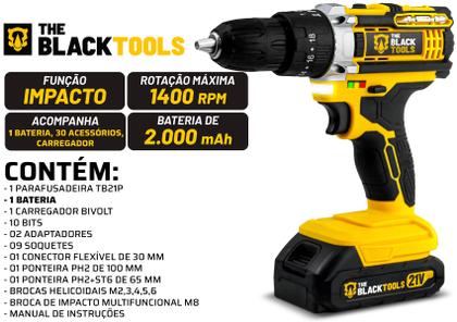Imagem de Parafusadeira Furadeira 21v Impacto + Maleta E Bateria The Black Tools