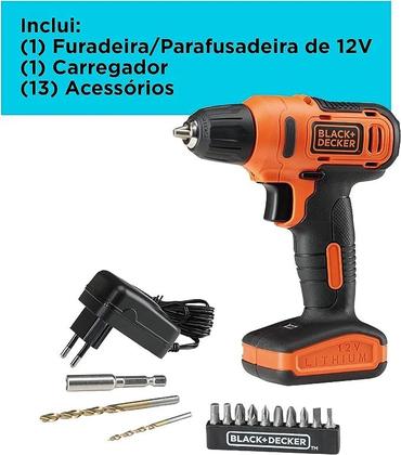 Imagem de Parafusadeira furadeira 3 8 12v 1 bat 10 bit 2 broc 1 ext ld12s br black decker
