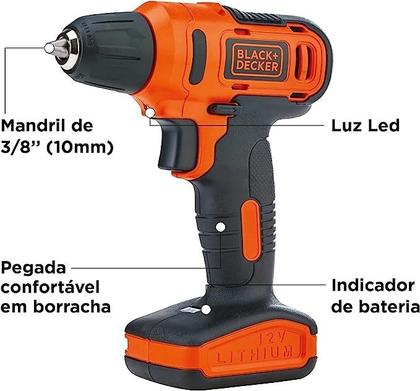 Imagem de Parafusadeira furadeira 3 8 12v 1 bat 10 bit 2 broc 1 ext ld12s br black decker
