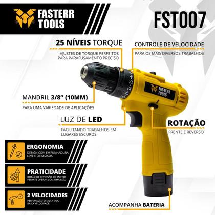 Imagem de Parafusadeira Furadeira 3/8 Bivolt A Bateria 12v FST007 - Fasterr Tools