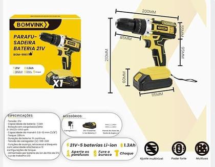 Imagem de Parafusadeira Furadeira a Bateria 21V Recarregável Sem Fio Profissional com Empunhadura Emborrachada Carregador Bivolt Alta Potência