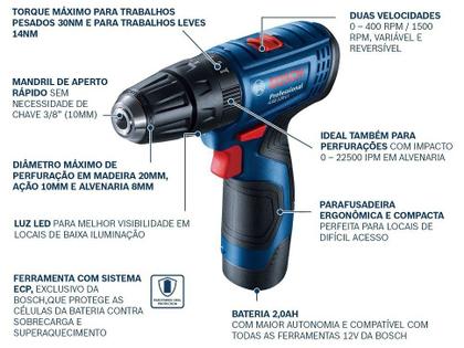 Imagem de Parafusadeira Furadeira Bateria 12V c/ Impacto GSB 120-LI com 2 Baterias GSB19G8 Bivolt BOSCH