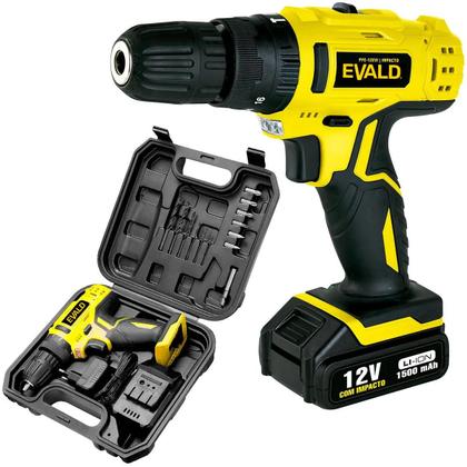 Imagem de Parafusadeira Furadeira Bateria 12V com Impacto Bivolt PFE-012EVI Maleta e Kit EVALD