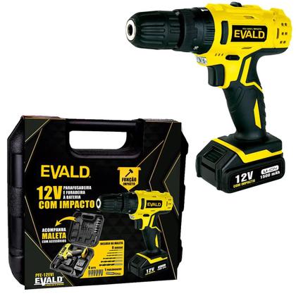 Imagem de Parafusadeira Furadeira Bateria 12V com Impacto Bivolt PFE-012EVI Maleta e Kit EVALD