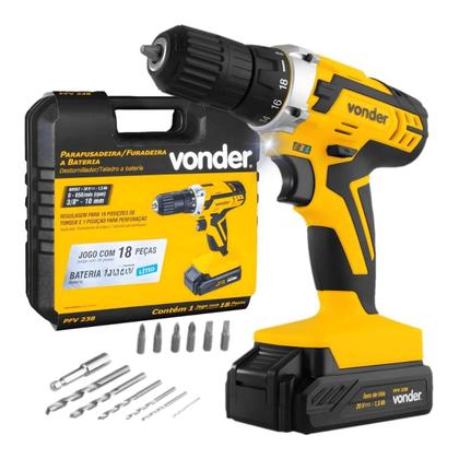 Imagem de Parafusadeira Furadeira Bateria 12v Com Impacto Kit C/74pc Vonder