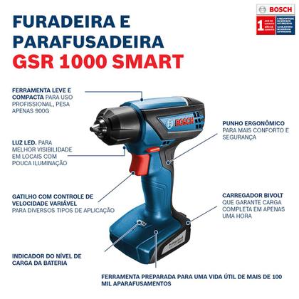 Imagem de Parafusadeira Furadeira Bosch GSR 1000 Smart 12V Com 10 bits, 1 Carregador e Maleta