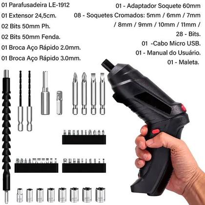 Imagem de Parafusadeira Furadeira Chave de Fenda Elétrica Kit 48 Peças Portátil Sem Fio 3.6 voltz 1300mAh