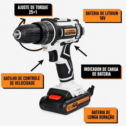 Imagem de Parafusadeira Furadeira de Impacto 18V a Bateria com Acessórios Pró Euro