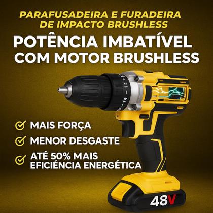 Imagem de Parafusadeira Furadeira De Impacto 48V 80 N.M. Profissional 2 Baterias 8000 mAh Com Maleta Resistente