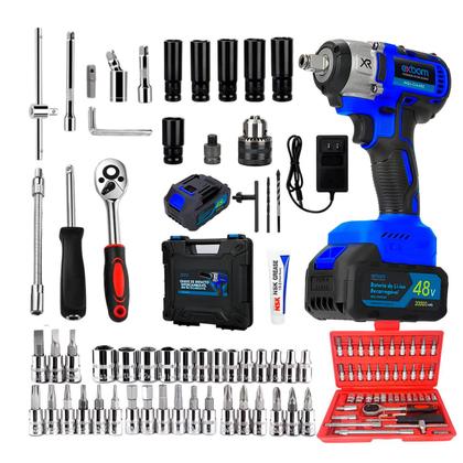 Imagem de Parafusadeira Furadeira de Impacto 48V com 2 Baterias  Jogo de Soquetes Profissional 46 Peças com Maleta Reforçada