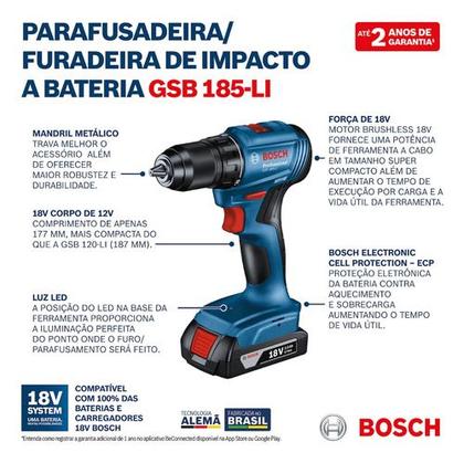 Imagem de Parafusadeira Furadeira de Impacto Bosch GSB 185 Li 18v Maleta 2 Baterias